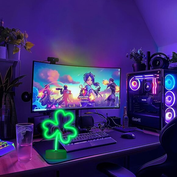 LED Neon Signs Lights Green Clover Shaped Neon Night Light USB & Battery Powered - Picture 6 of 9